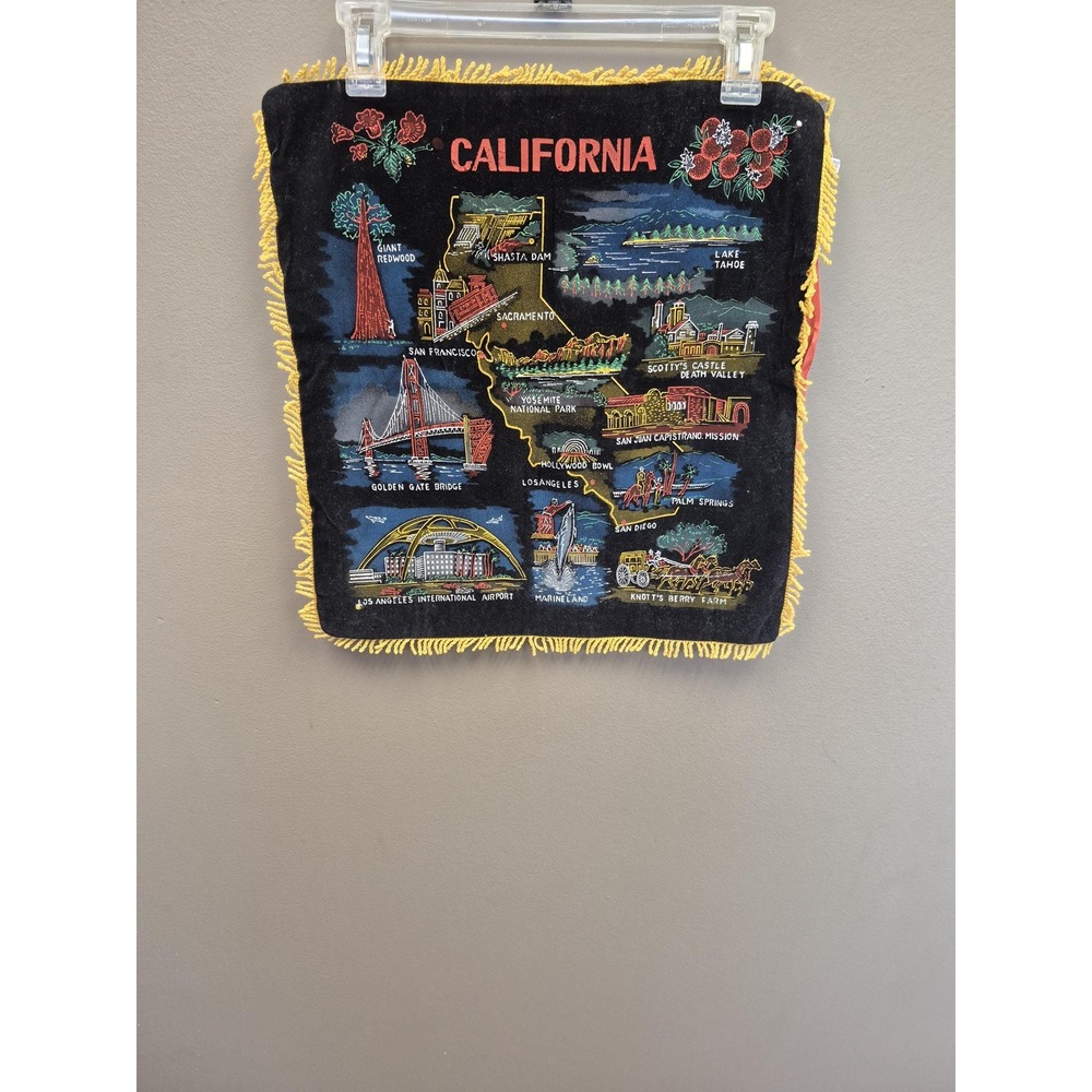 Vintage California Velvet Pillow Cover Souvenir Japan Wall‎ Art Fringe 16x16